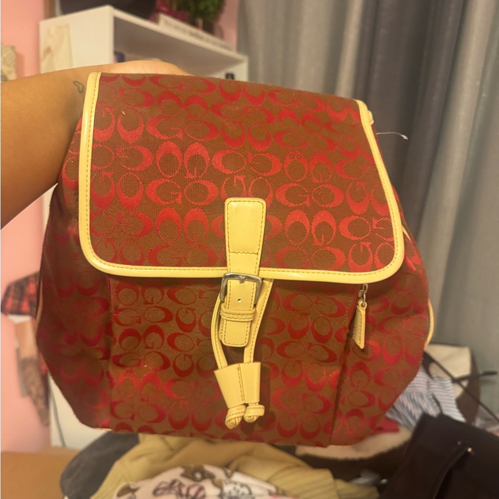 Guess Red and Brown Patterned Backpack - image 1